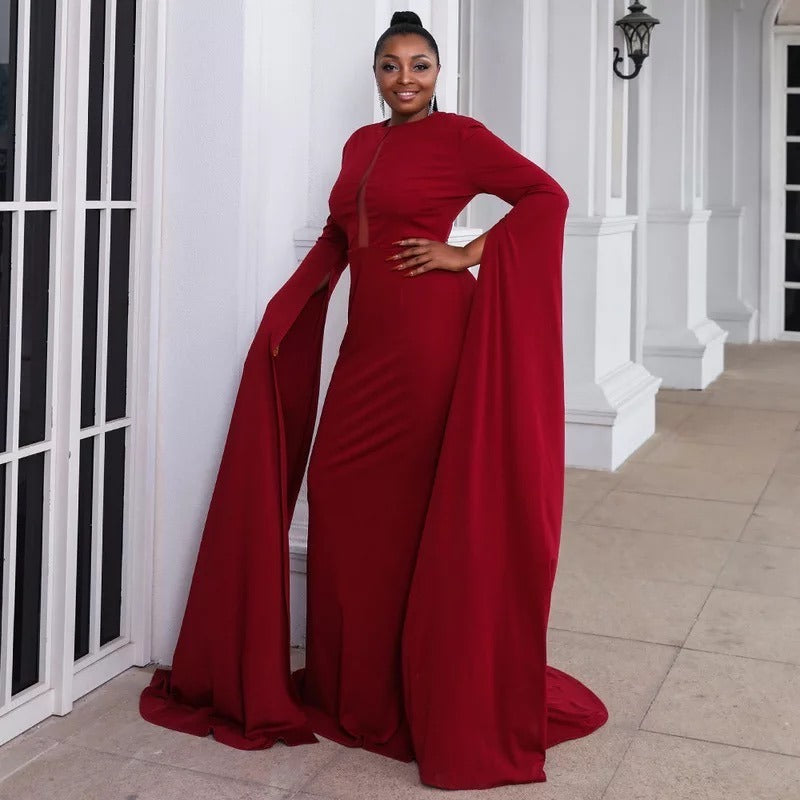 Twos Red Wine Evening Dress With Flared Sleeves