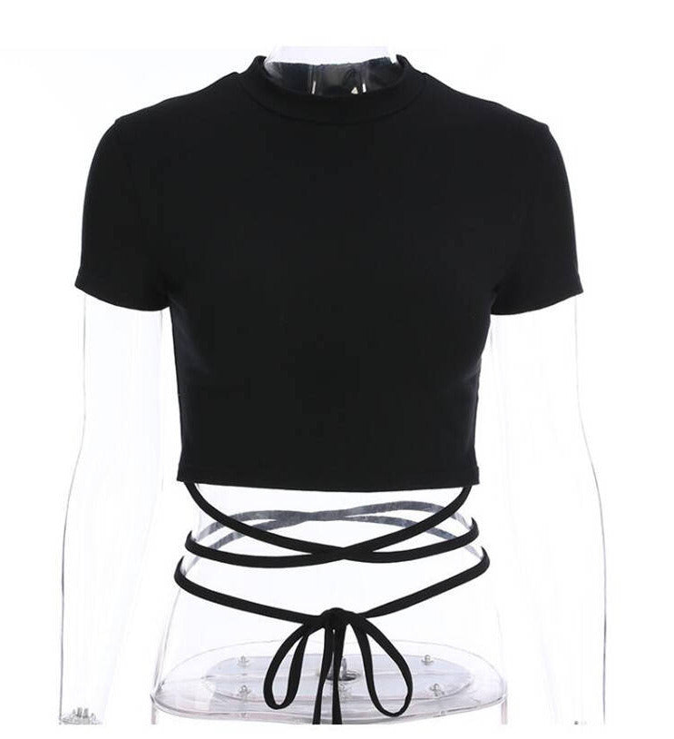 Twos Crop Tops Short Sleeve Bandage Tee Tops