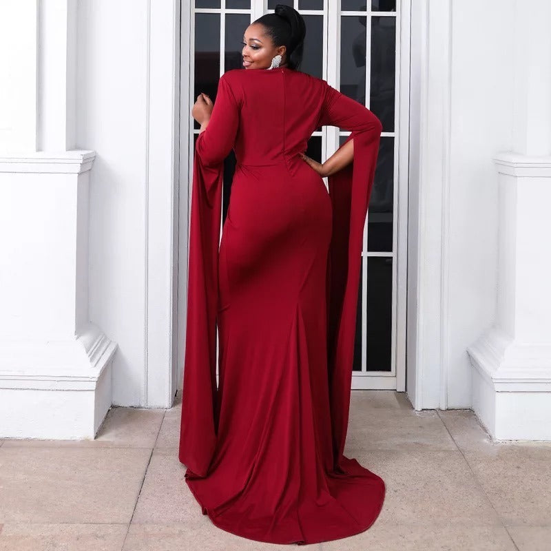 Twos Red Wine Evening Dress With Flared Sleeves