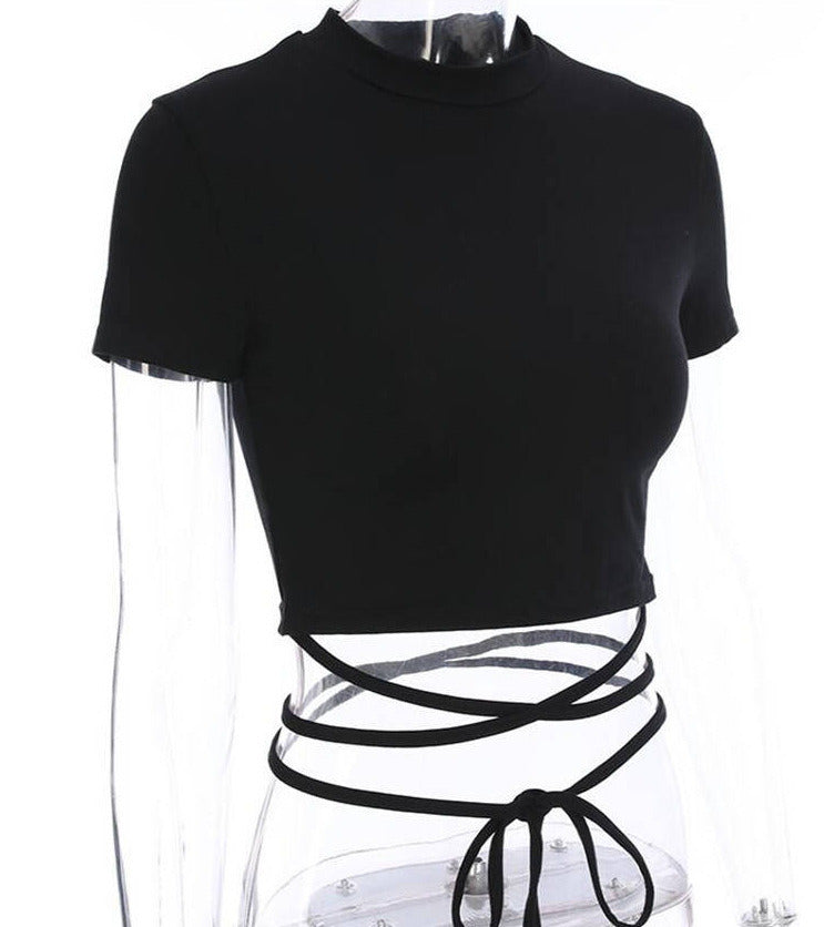 Twos Crop Tops Short Sleeve Bandage Tee Tops