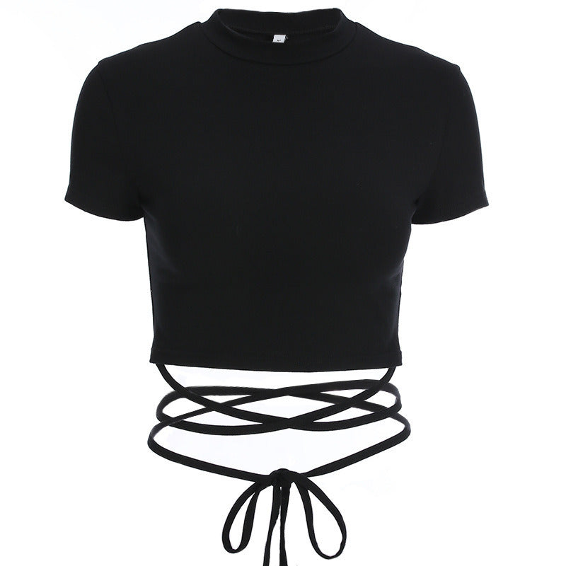 Twos Crop Tops Short Sleeve Bandage Tee Tops