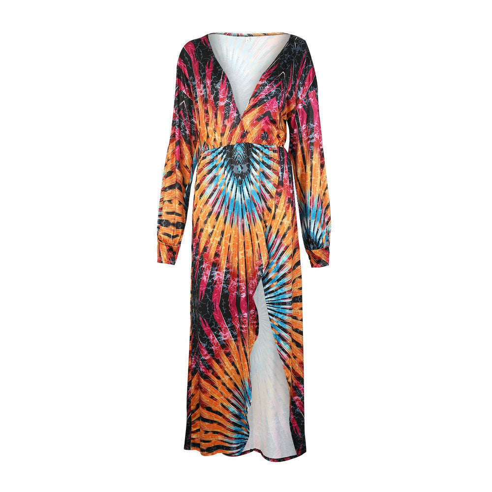 Twos V-neck Slim Print High Split Dress